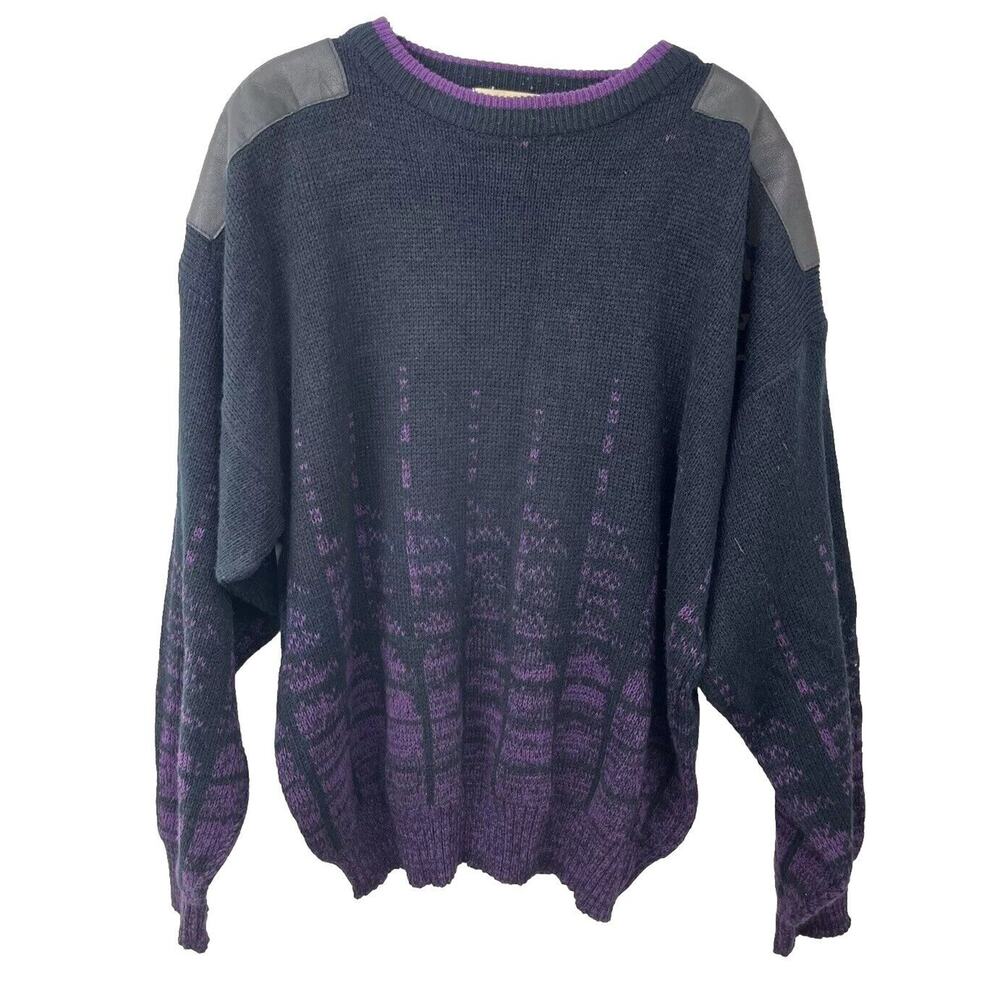 Men’s Vintage Urban Works Black Purple Sweater with Leather Trim X-Large